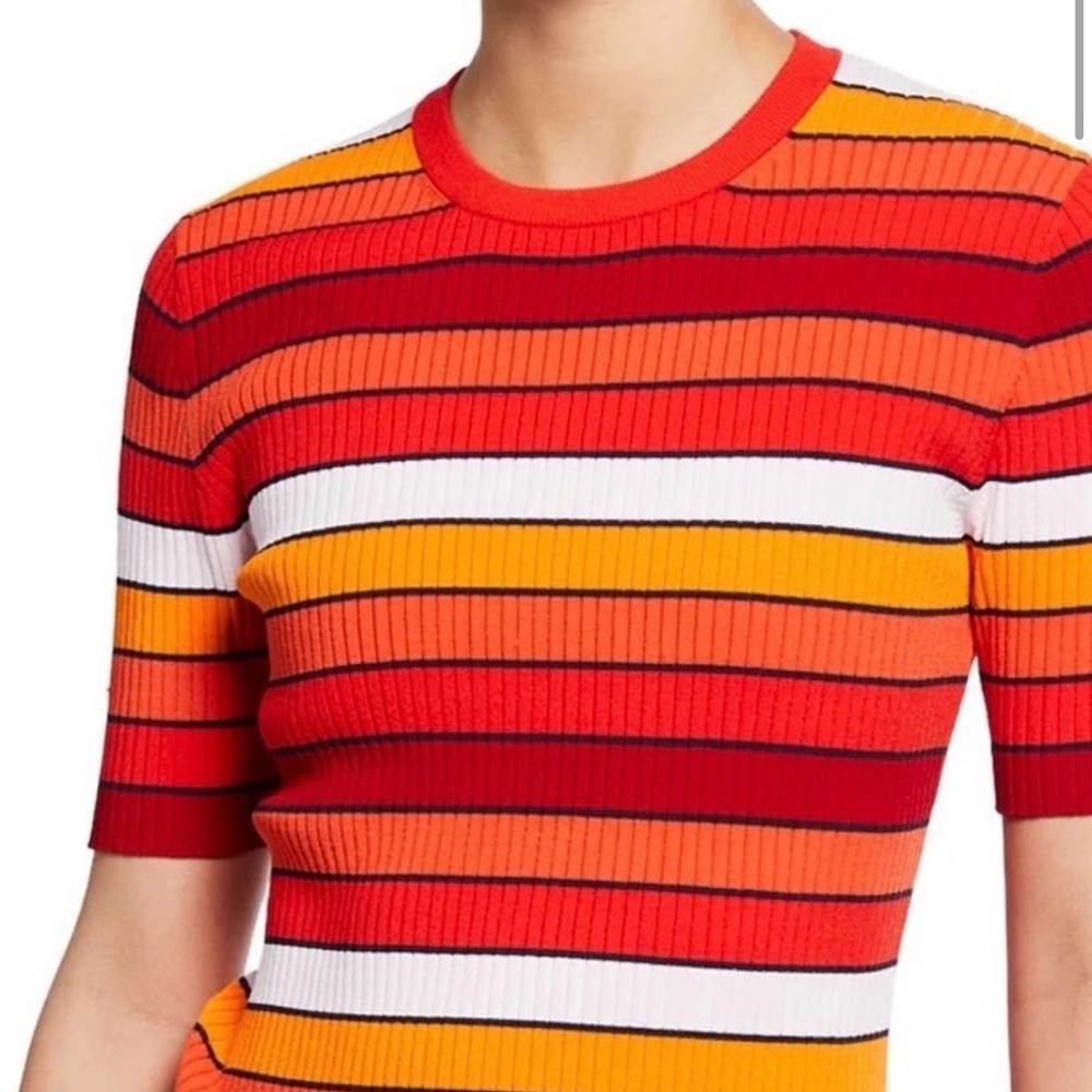 Tory Sport Striped Short-Sleeve Ribbed Top - Red, Orange & White